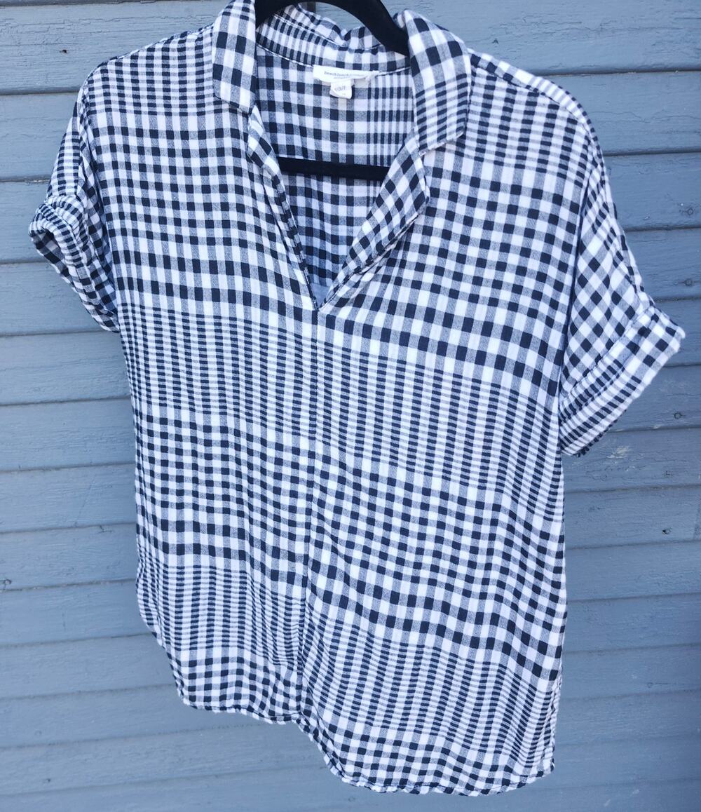 Beach Lunch Lounge Sz Small Check Cap Sleeve Button Front Cotton Shirt Collared